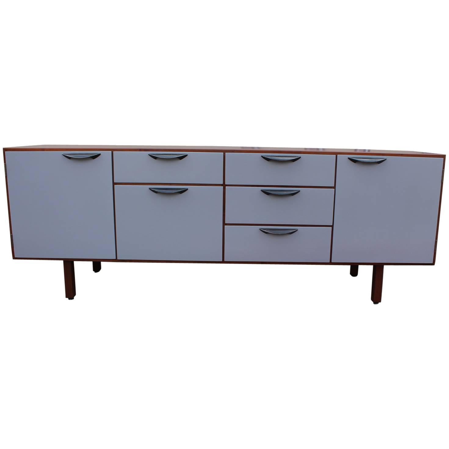 Wonderful Jens Risom Walnut and Grey Lacquer Modern Sideboard or Credenza