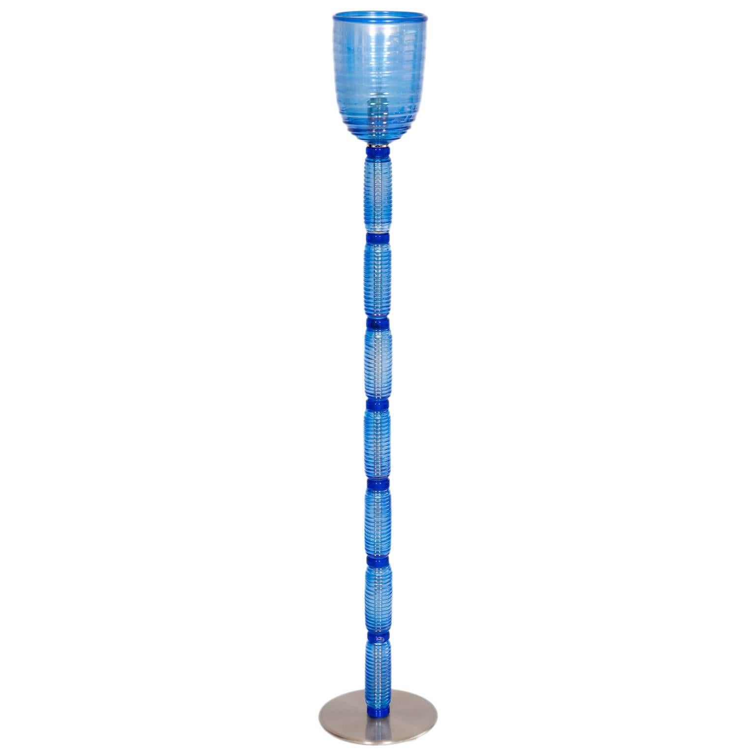 Floor Lamp in Light Blue and Iridescent Color Murano Glass Italy 1990s