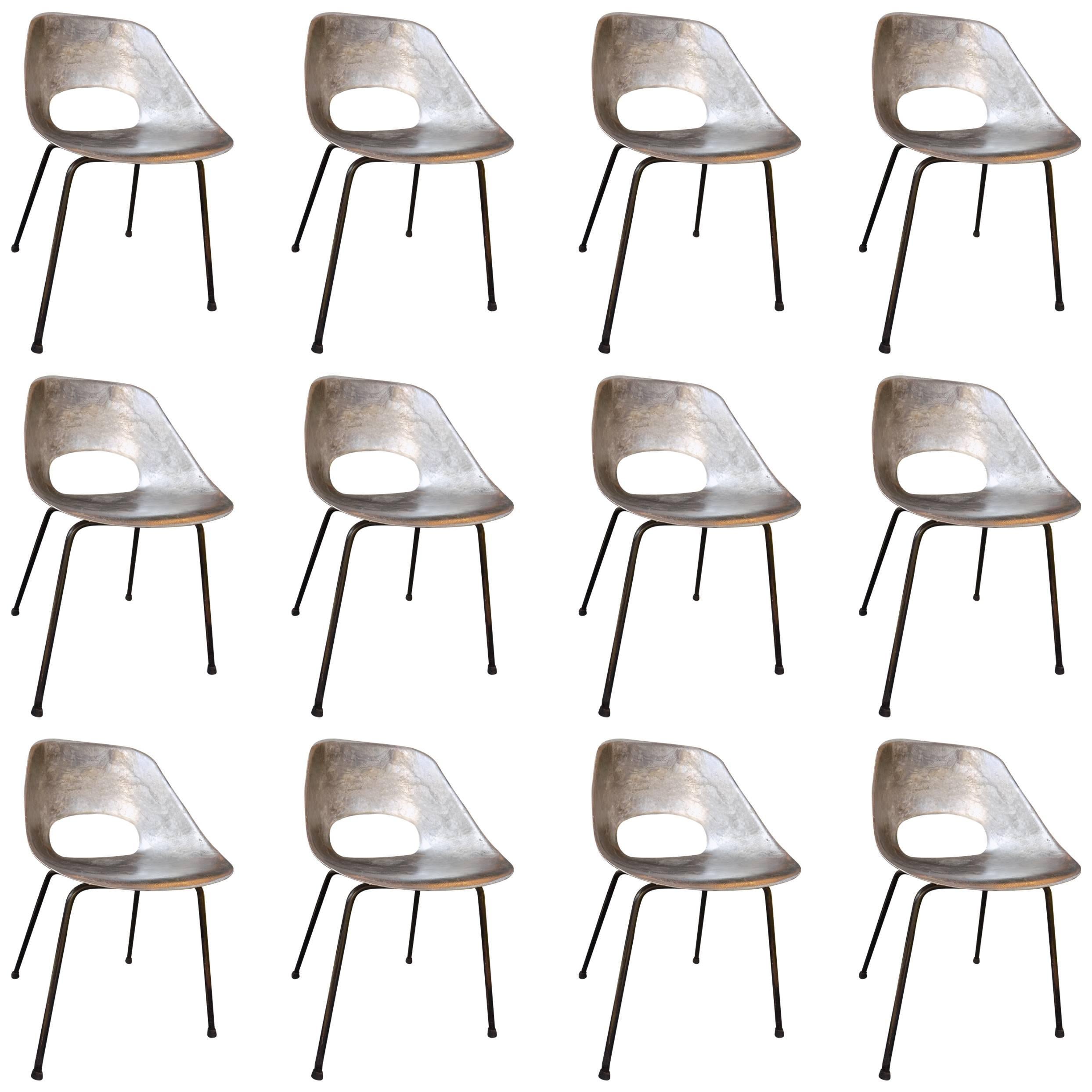 Set of 7 Molded Aluminum Chairs by Pierre Guariche, France, 1960s