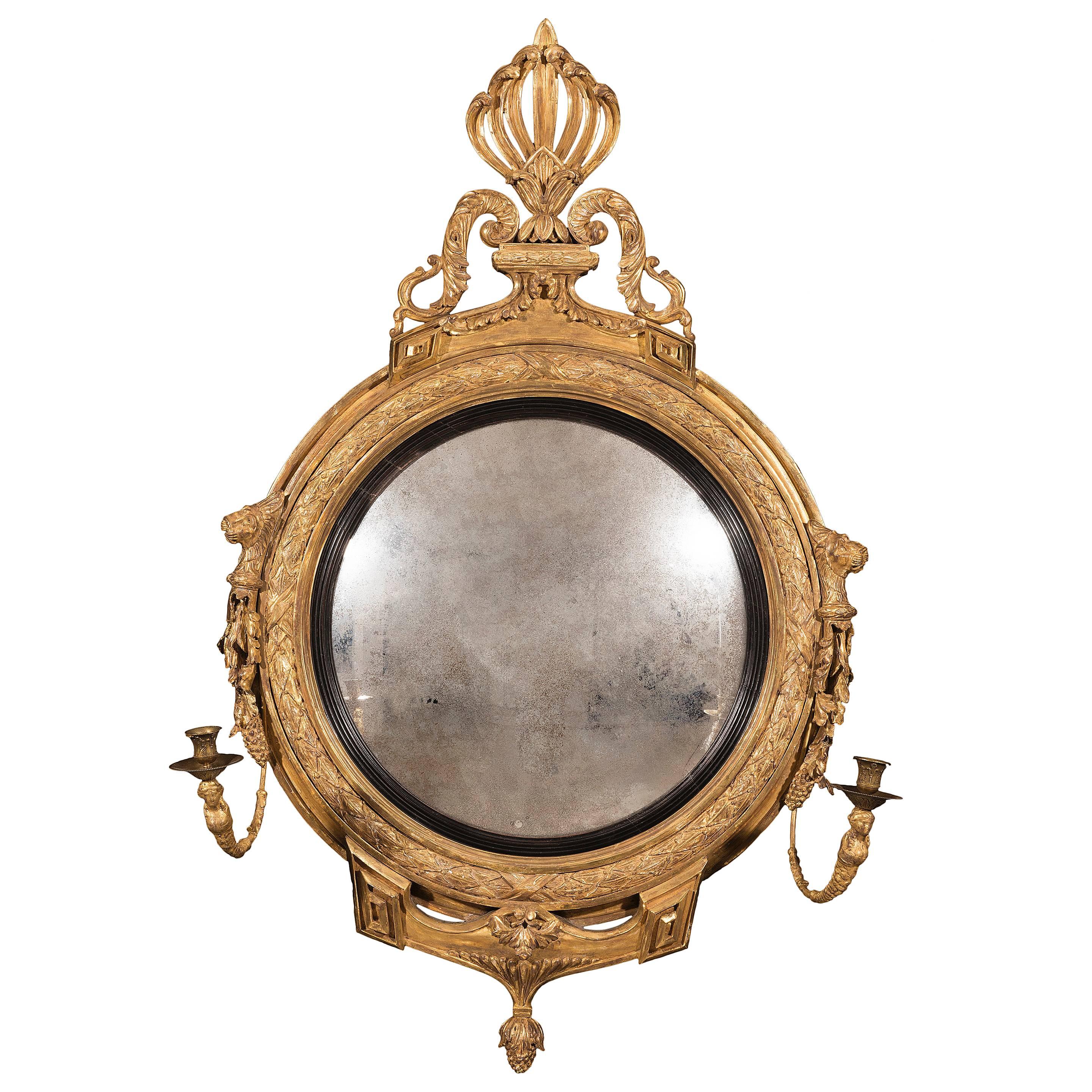 Irish Period Regency Gilt Carved Girandole Convex Mirror For Sale