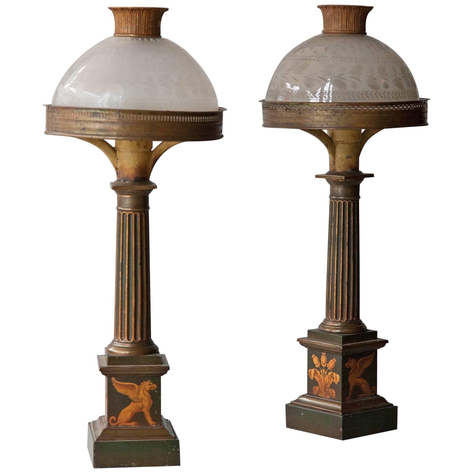 Pair of Early 19th Century Tole Sinumbra Table Lamps with Etched Glass Shades For Sale