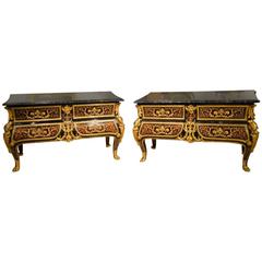 Pair of Belle Epoque Style Ebony and Marquetry Inlaid Marble-Topped Commode