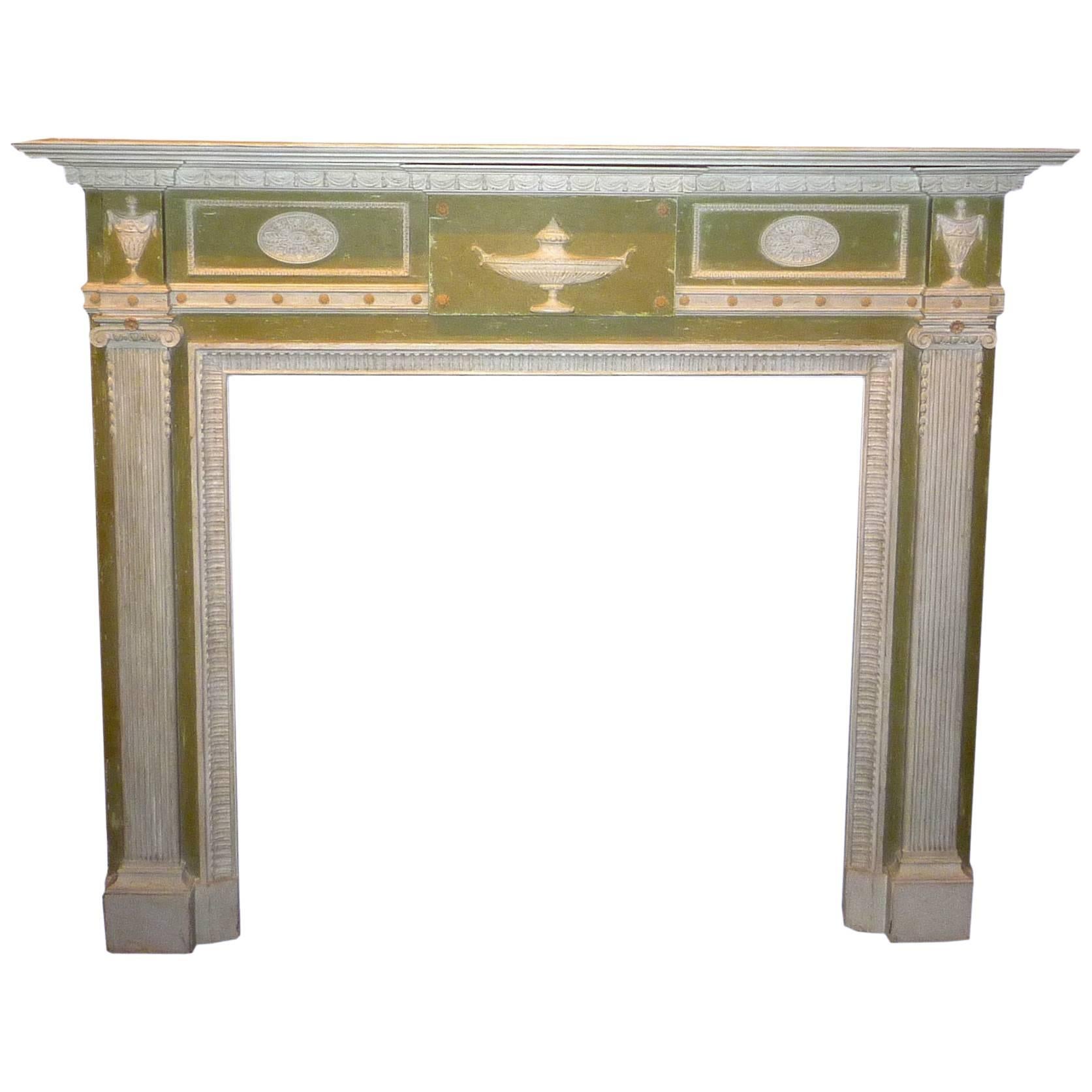 English Neoclassical Adam Style Carved and Painted Wood Fire Surround For Sale