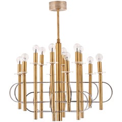 Brass, Chrome and Glass Twelve-Light Chandelier by Gaetano Sciolari