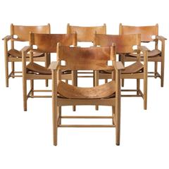 Børge Mogensen Set of Six Armchairs in Oak and Cognac Leather