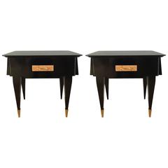 Pair of French 1950s Brass-Mounted Ebonised Bedside Tables