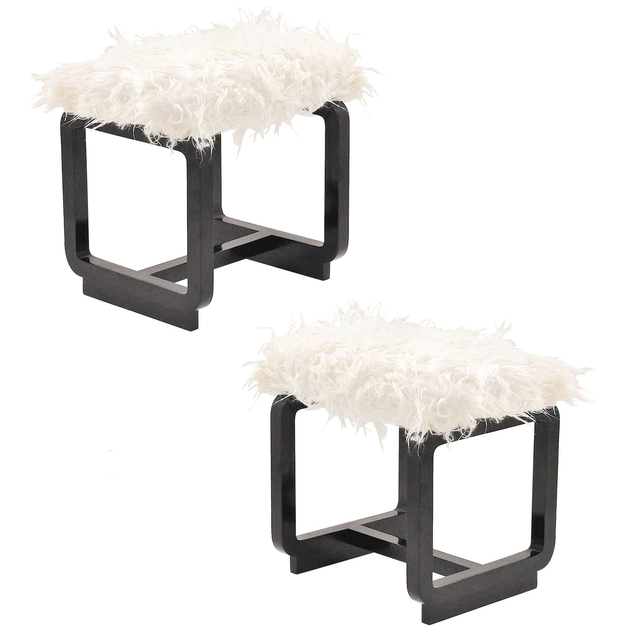 Pair of Modernist Stools with Lamb Fur