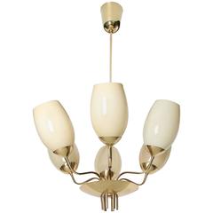 Paavo Tynell Brass Chandelier with Opaline Glass Shades, Model 9029/6, 1940s 5