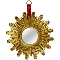 Petite Gilt Convex Sunburst Starburst Wall Mirror, France, 1960s