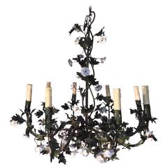 Neo-Romantic Green Wrought Iron Chandelier with Ceramic Flowers
