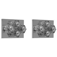 Vintage 1970s Pair of Chromed Steel and Glass Sconces, French Work