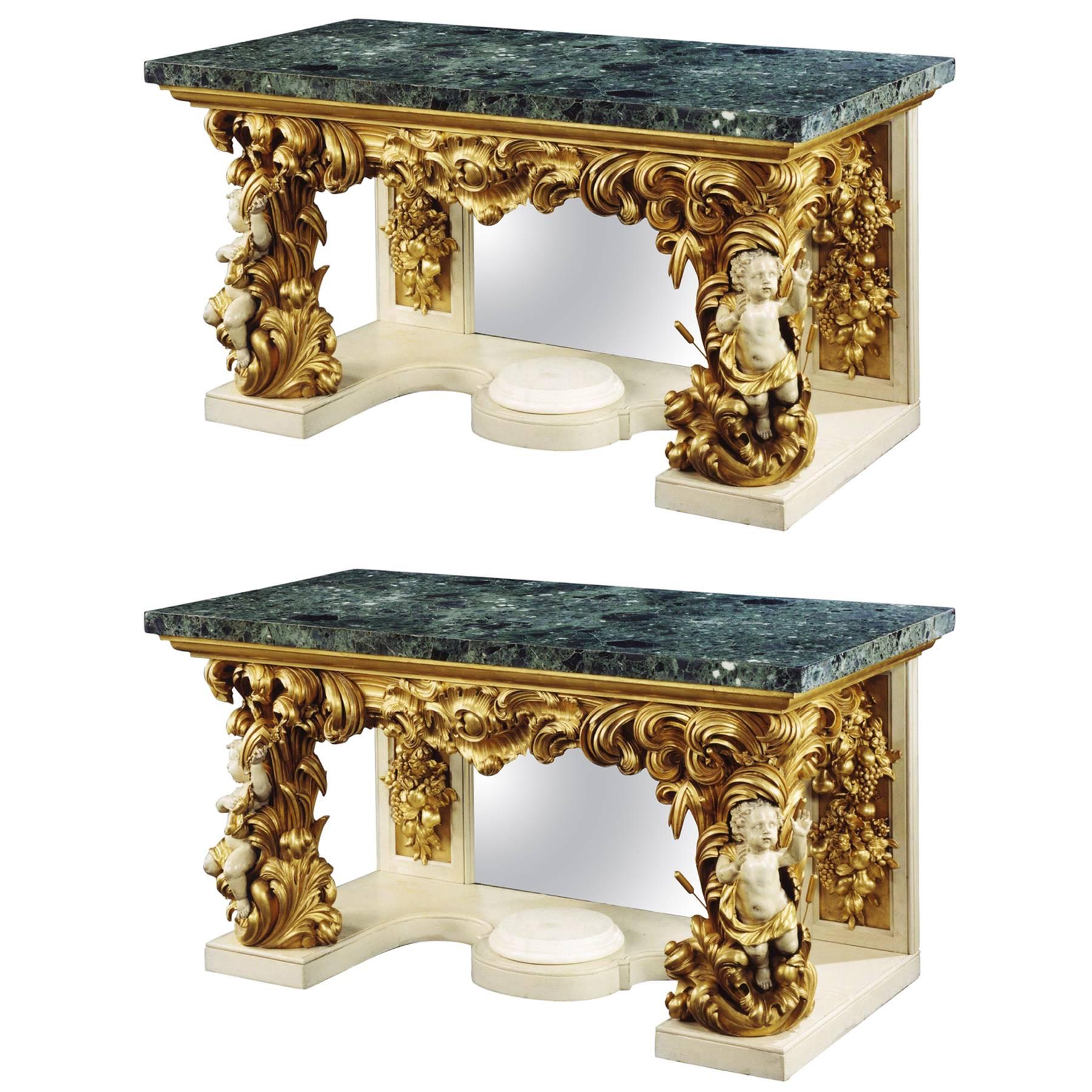 Pair of Carved Giltwood and Green Marble Console Tables in the Italian Manner For Sale