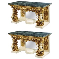 Vintage Pair of Carved Giltwood and Green Marble Console Tables in the Italian Manner