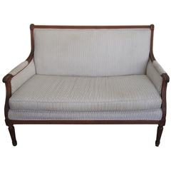 Antique French Louis XVI Style Blue and White Upholstered Settee Sofa