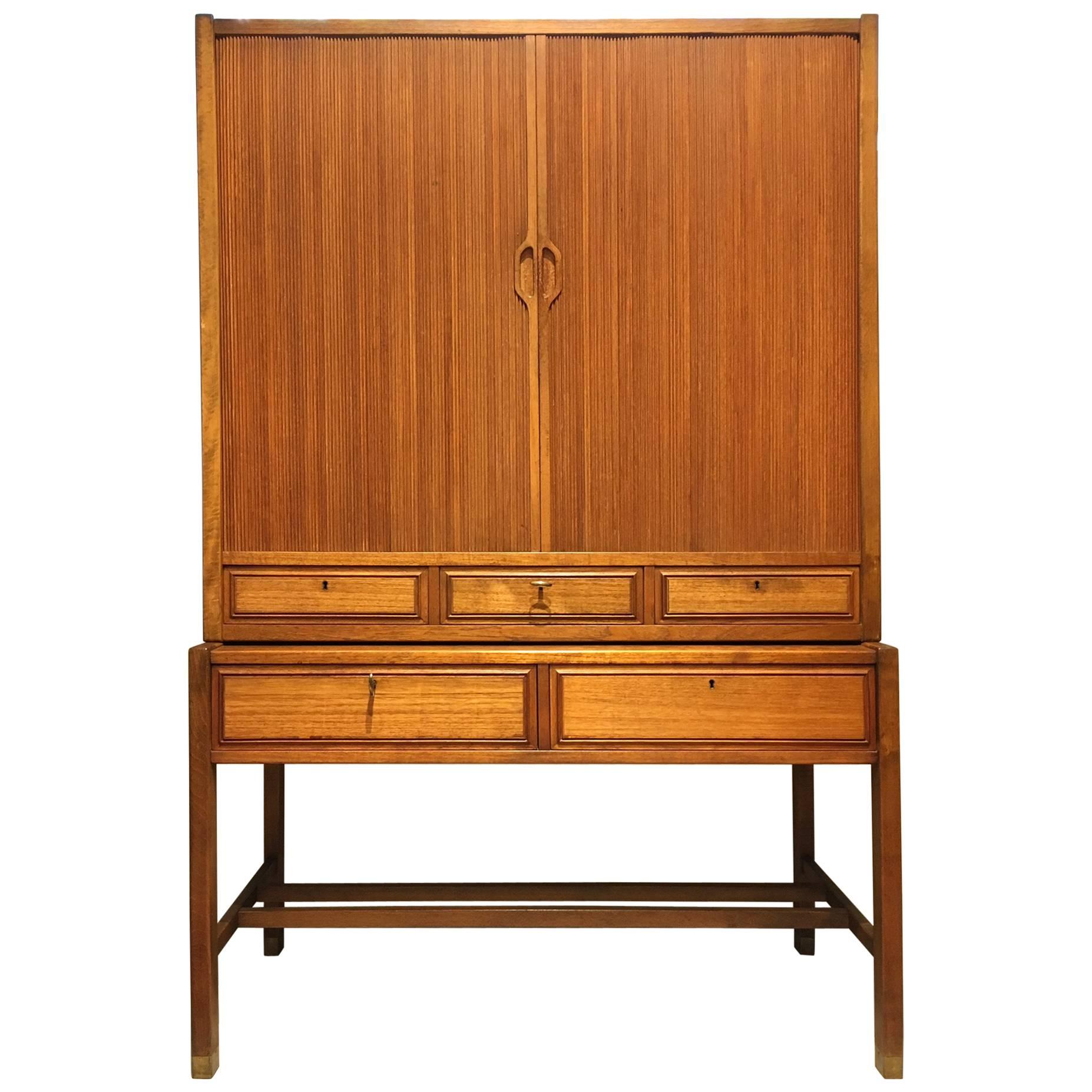 Mid-20th Century Swedish Teak Cabinet with Tambour Doors