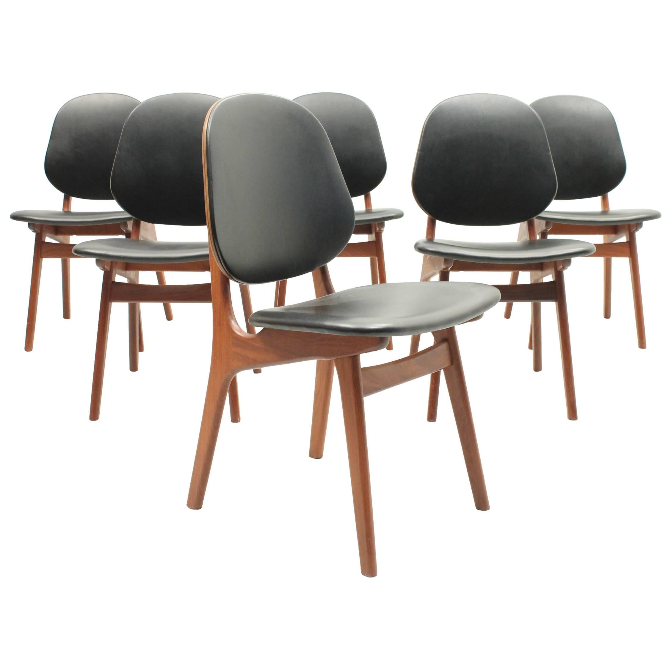 Set of Six Black Leather and Teak Chairs by A. Hovman-Olsen For Sale