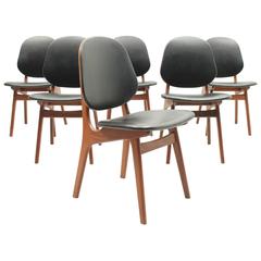 Set of Six Black Leather and Teak Chairs by A. Hovman-Olsen