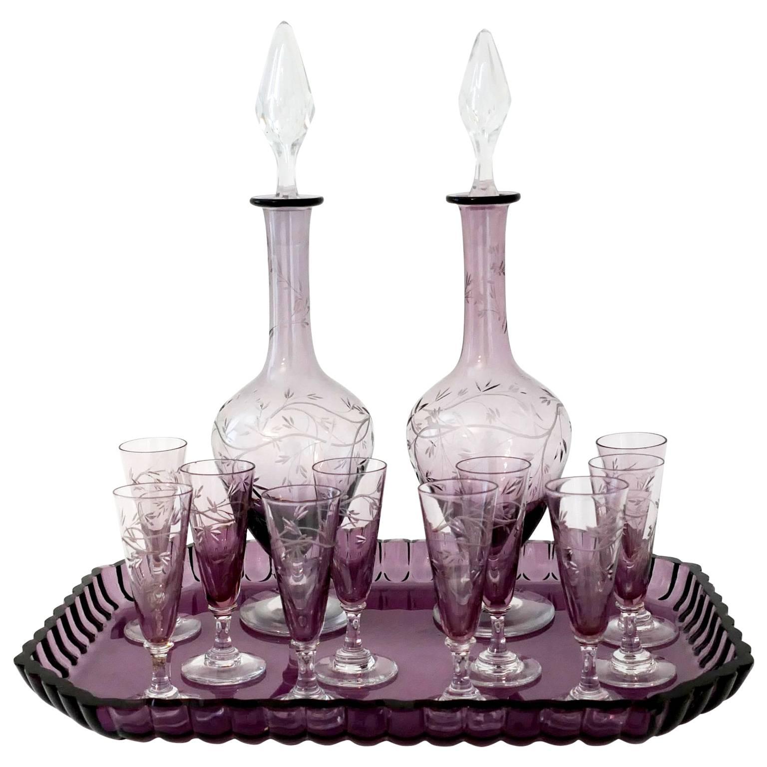 1900s Saint Louis Amethyst Cut Crystal Liquor Set Decanters Cordials and Tray