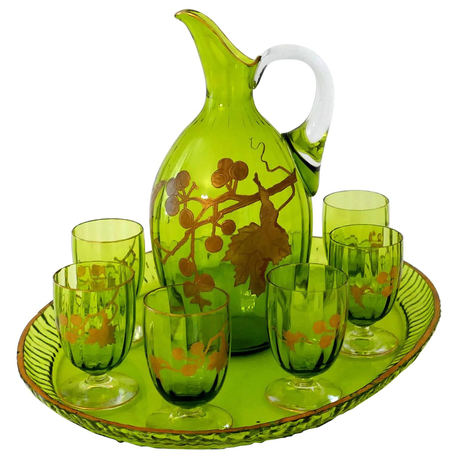 1900 Antique French Green Crystal Wine or Aperitif Service, Jug, Glasses, Tray For Sale