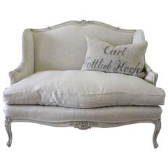 Antique French Country Louis XV Style Painted and Linen Upholstered Settee