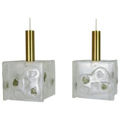 Pair of 1960s Pendant Lamps with Structured Glass and Brass Cylinder, Germany