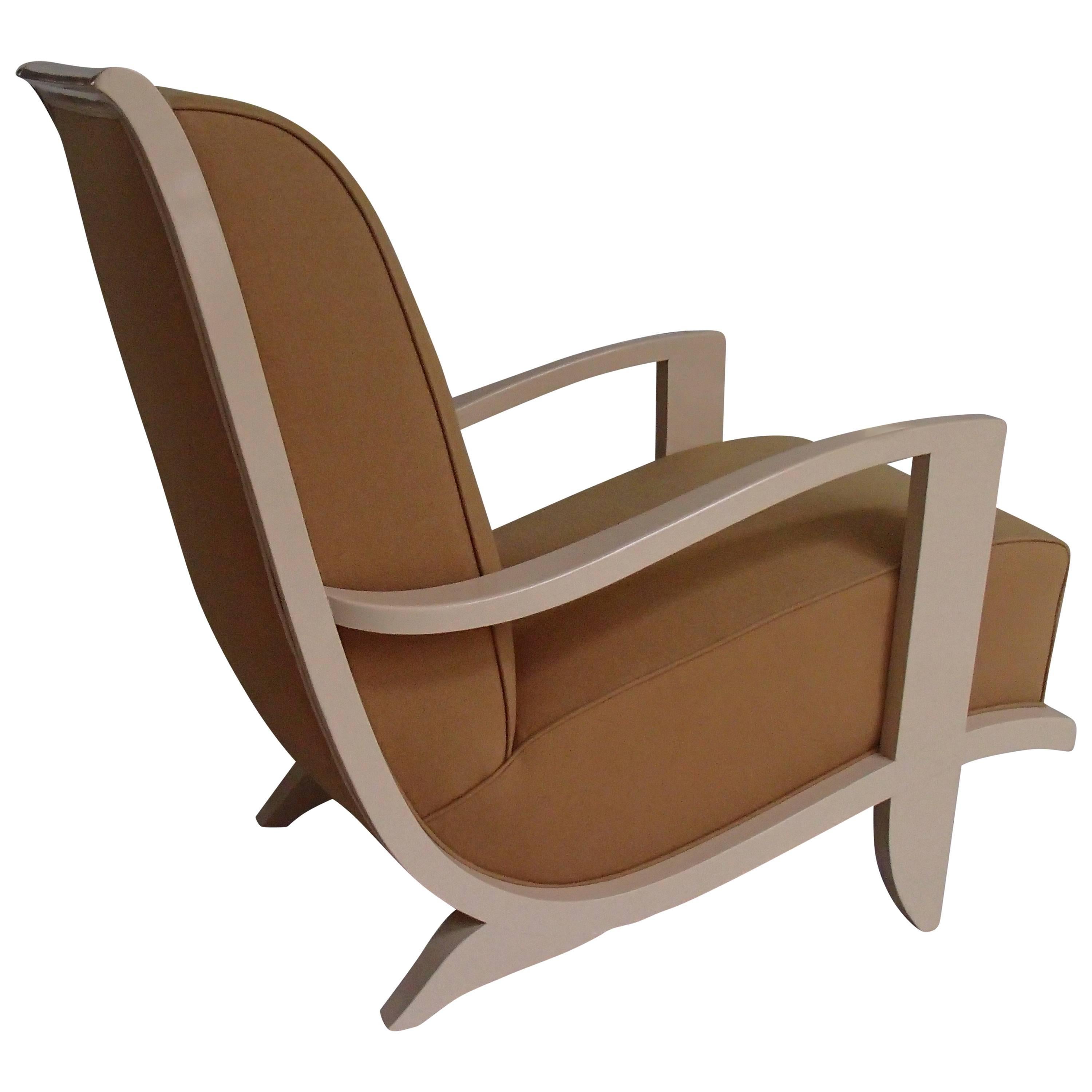 1940er Jahre Streamline Loungesessel Elfenbeinholz Senf Wolle Tissue im Angebot