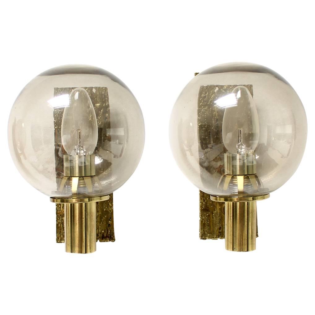 Pair of Brass and Smoked Glass Brutalist Sconces in Gold, Sweden 1960s For Sale