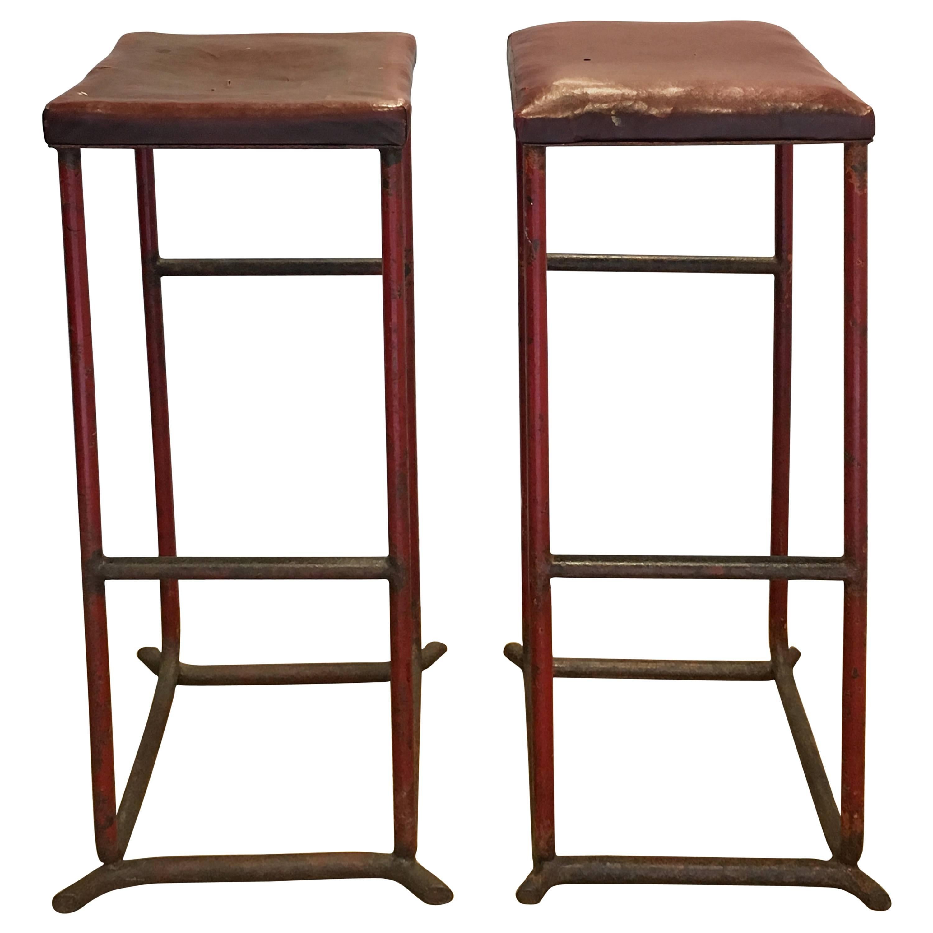 Vintage French Red Leather Stools, circa 1970s For Sale