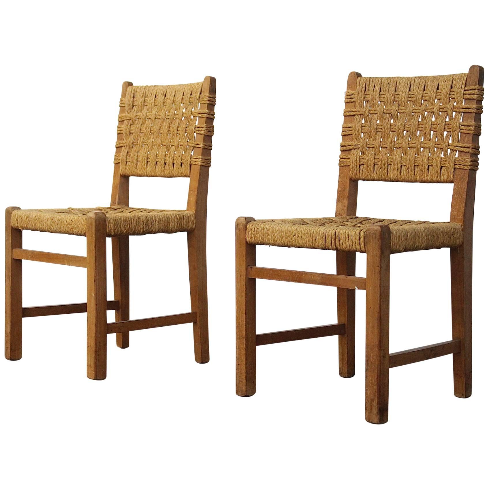 Very Rare Pair of Side Chairs by Audoux et Minet Sisal Rope for Vibo Vesoul