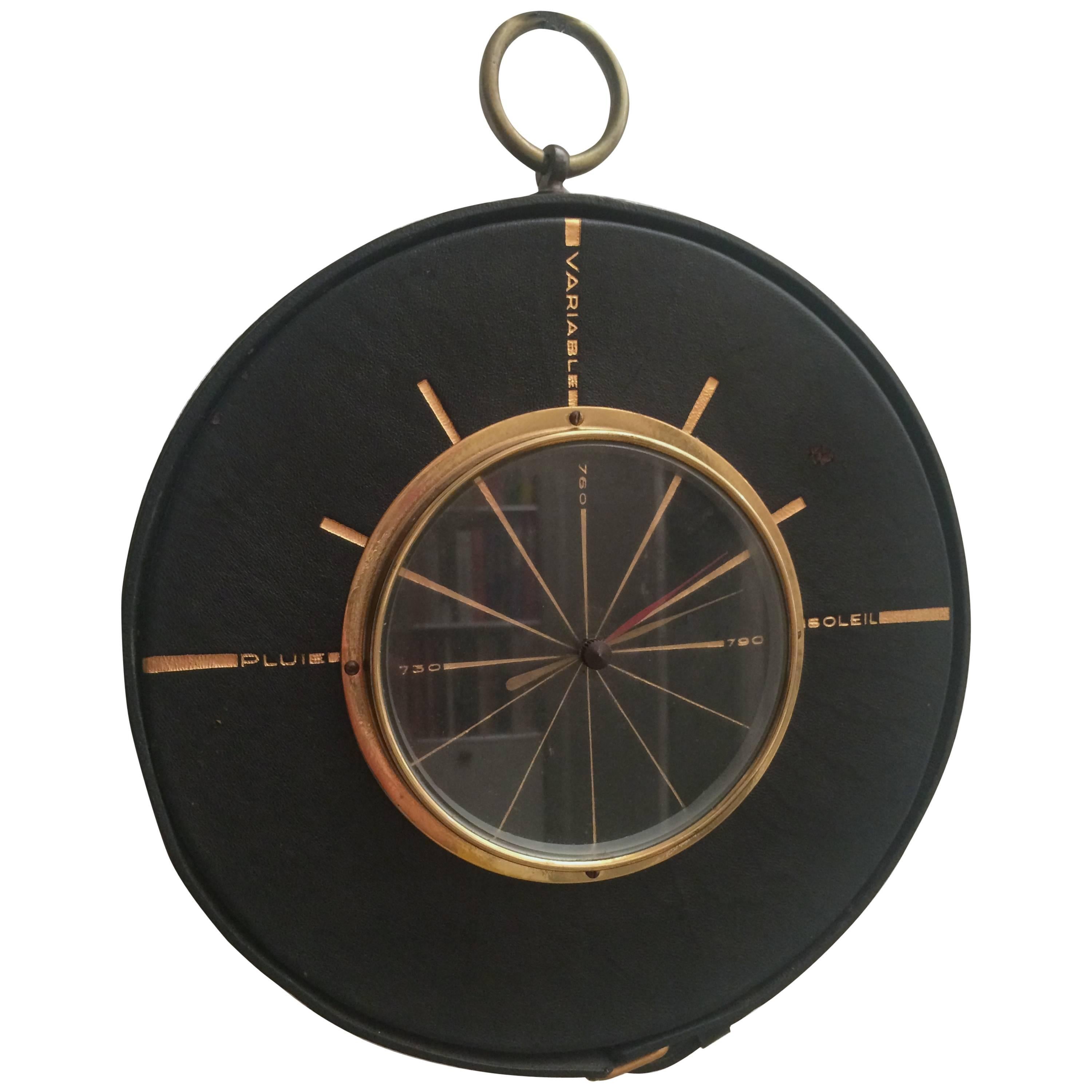 Jacques Adnet Leather and Brass Barometer
