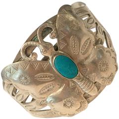 1930s Old Navajo Sterling Stamp Work and Turquoise Wide Cuff Bracelet