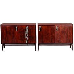 Pair of Rosewood Cabinets with Brutalist Hardware