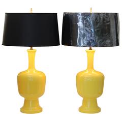 Pair of Retro Organic Form Atomic Chrome Yellow Pottery Lamps