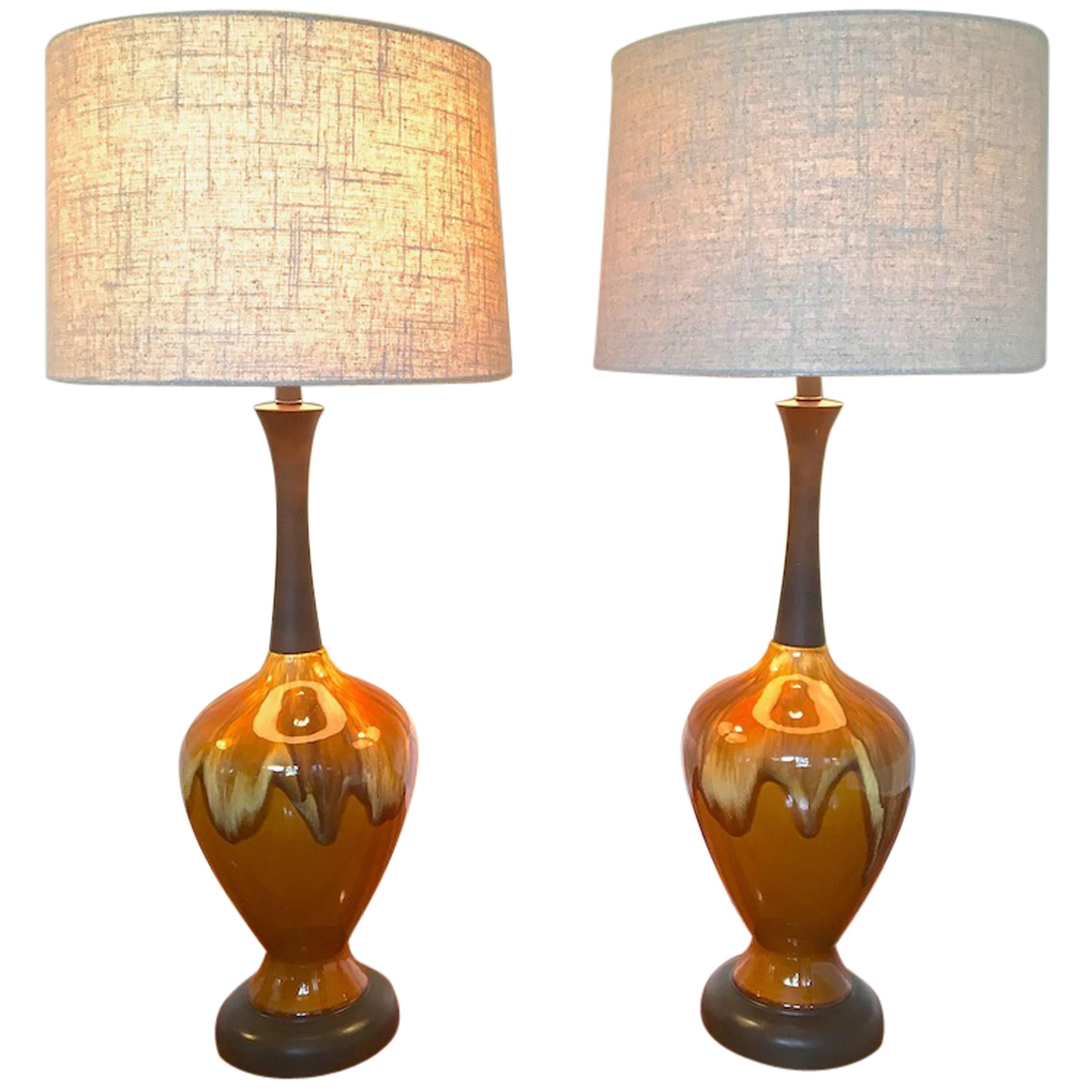 Mid-Century Modern Drip Glaze Lamps Pair with New Drum Shades For Sale