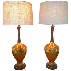 Mid-Century Modern Drip Glaze Lamps Pair with New Drum Shades