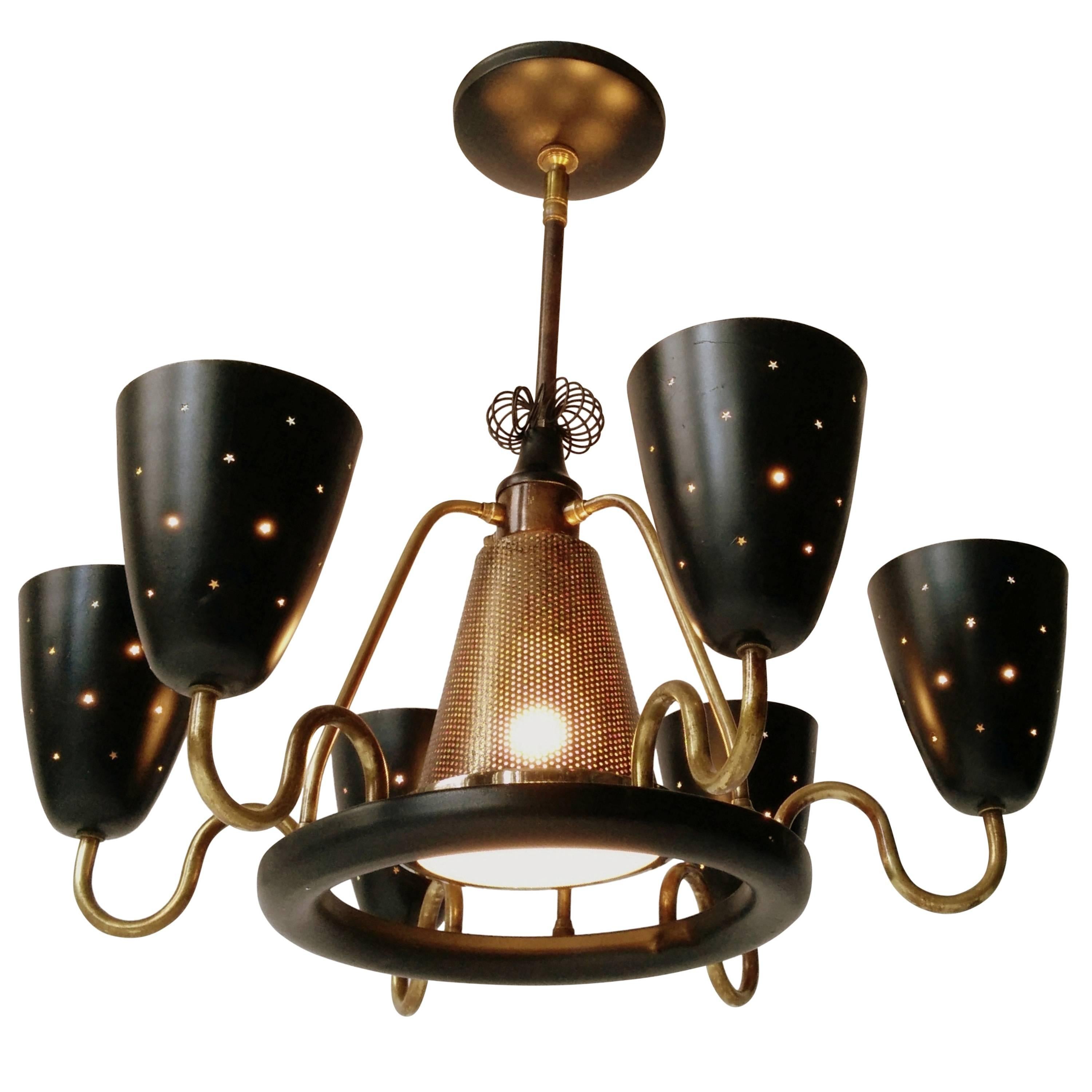 Gerald Thurston Brass 
Aluminium Seven-Light Chandelier Mid-Century, 1950s, USA