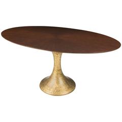 French Modern Oval Walnut Star and Gilded Hammered Dining Table