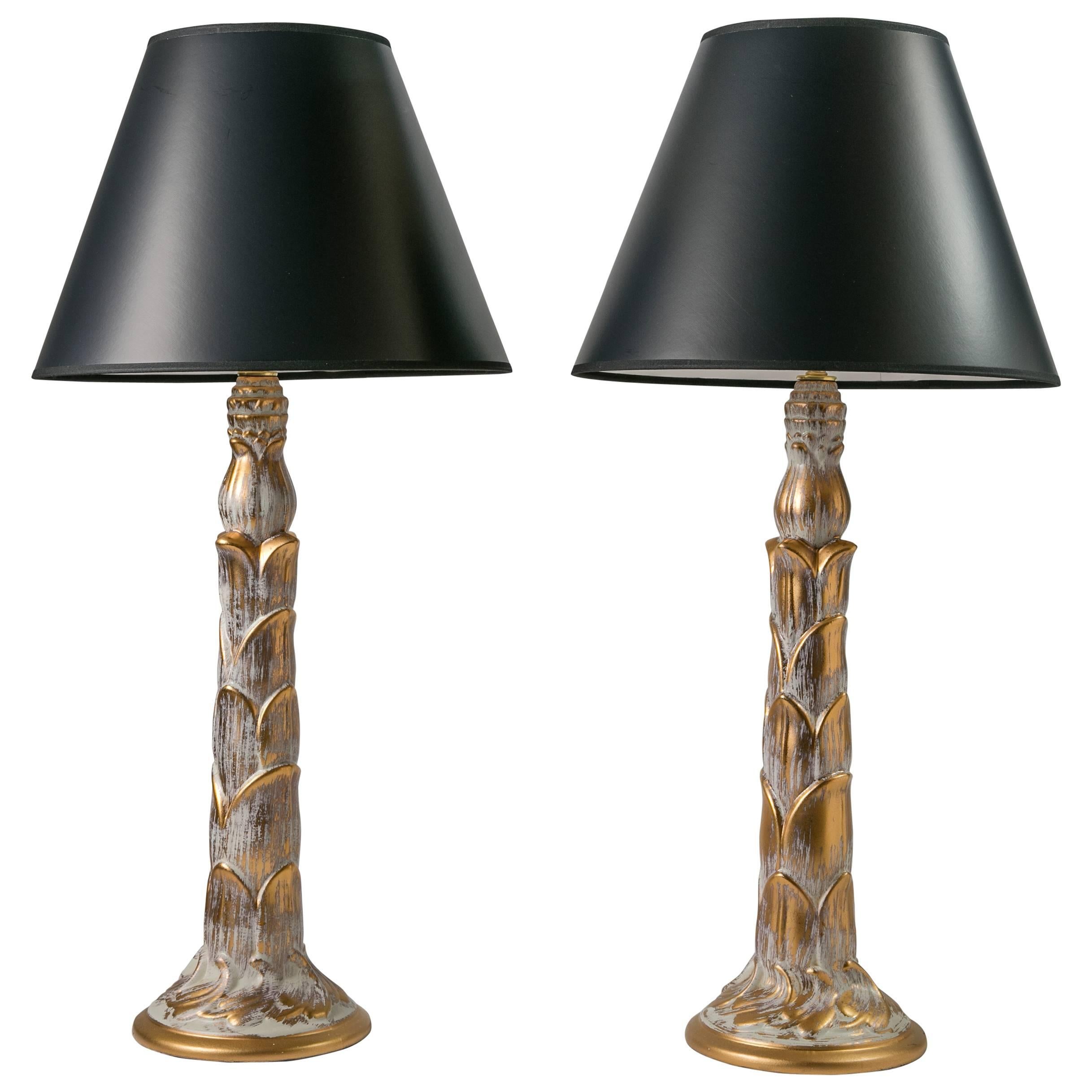 1950s Gilt Palm-Style Ceramic Lamps, Pair For Sale