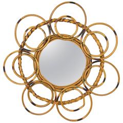 Unusual 1960s French Riviera Flower Burst Bamboo and Wicker Mirror 8