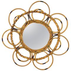 Unusual 1960s French Riviera Flower Burst Bamboo and Wicker Mirror