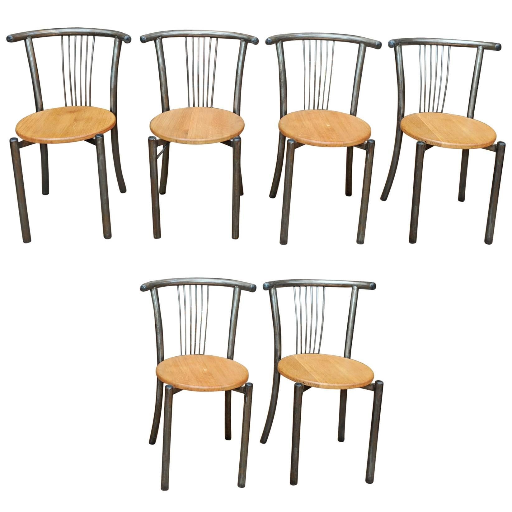 Set of Six Industrial and Design Mid-Century Iron and Oak Chairs, 1950s