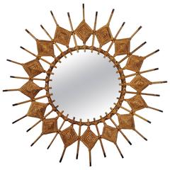 Rare Spanish Mid-Century Modern Handwoven Rattan Sunburst Mirror, 1950s