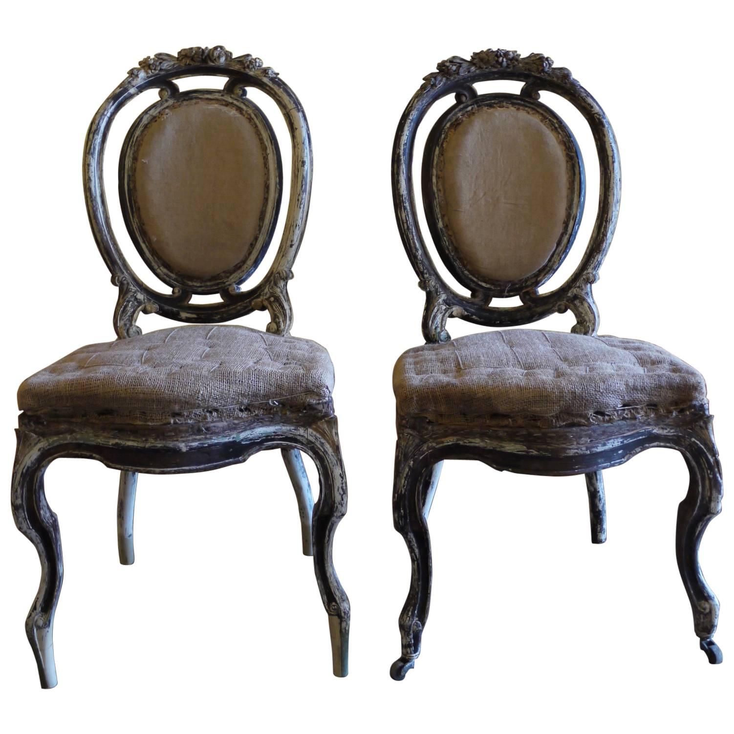 Set of 6 Louis XV Black & White Mahogany Chairs w/ Original Juta Seats