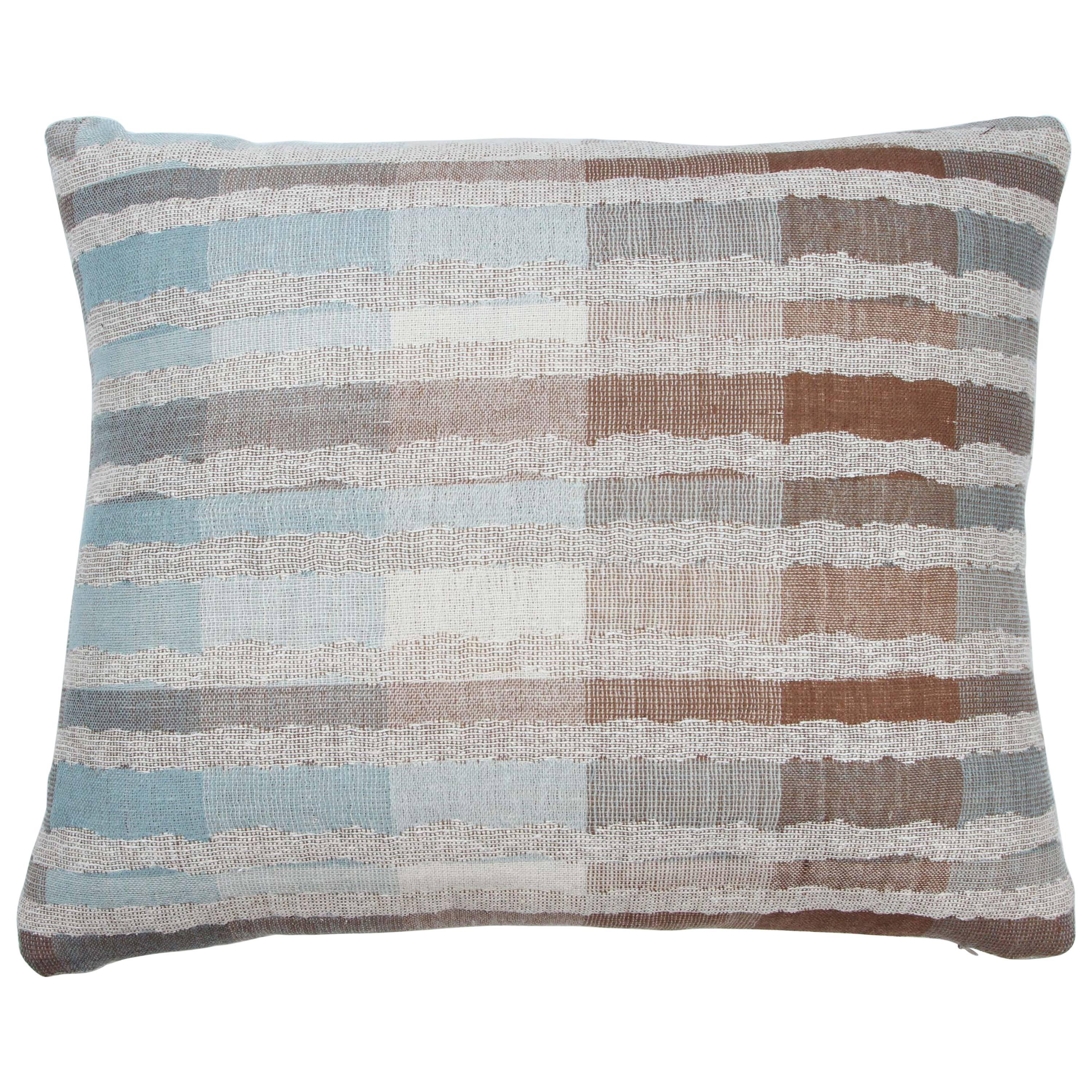 Indian Hand oven Pillow.  Light Blue.  Brown.  Gray.  Ivory.  Wool and Silk.  For Sale