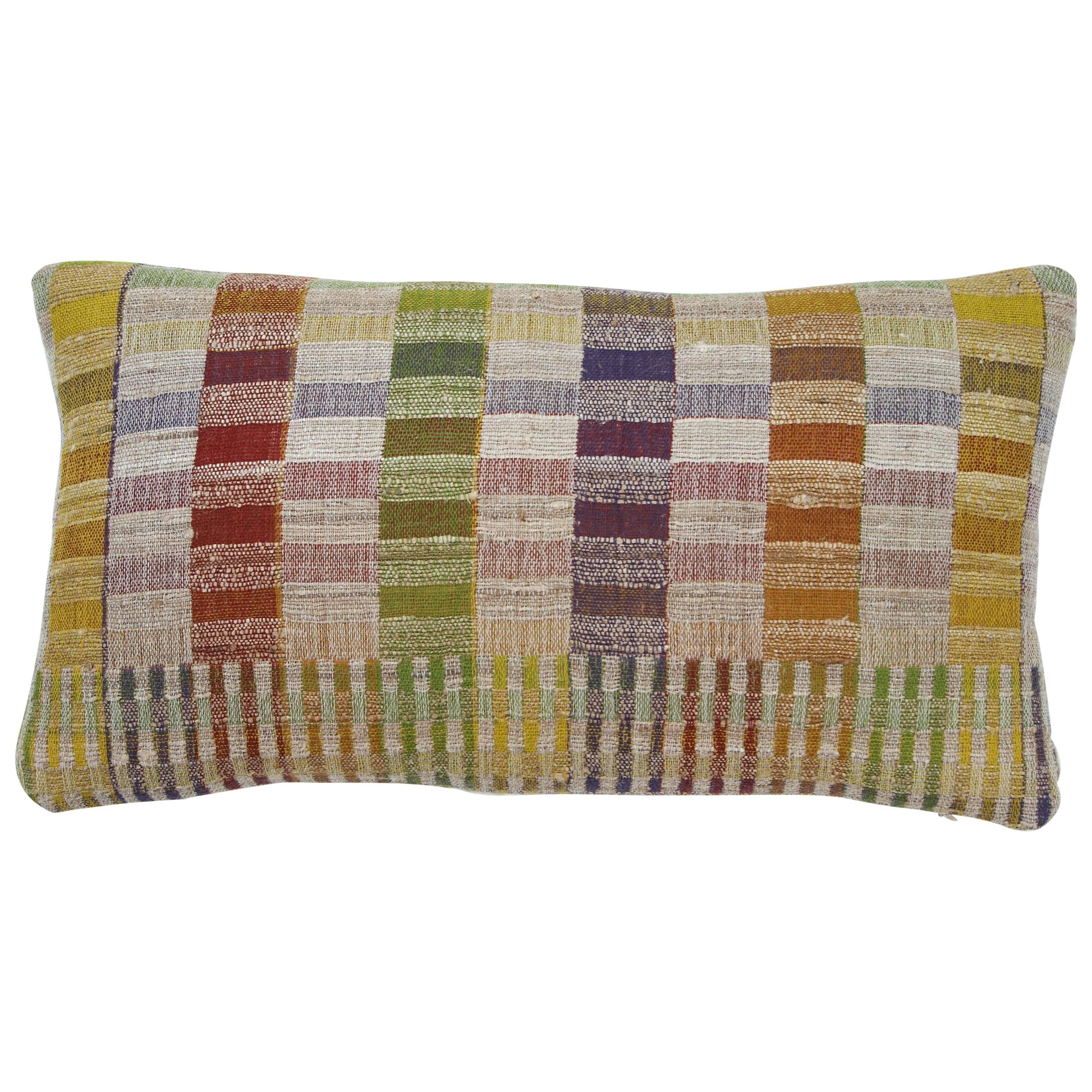 Indian Hand Woven Pillow.  Red, Yellow, Purple, Green, Orange.  Wool and Silk. For Sale