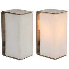 Pair of Vintage French Minimalist Frosted Glass and Metal Tea Lights
