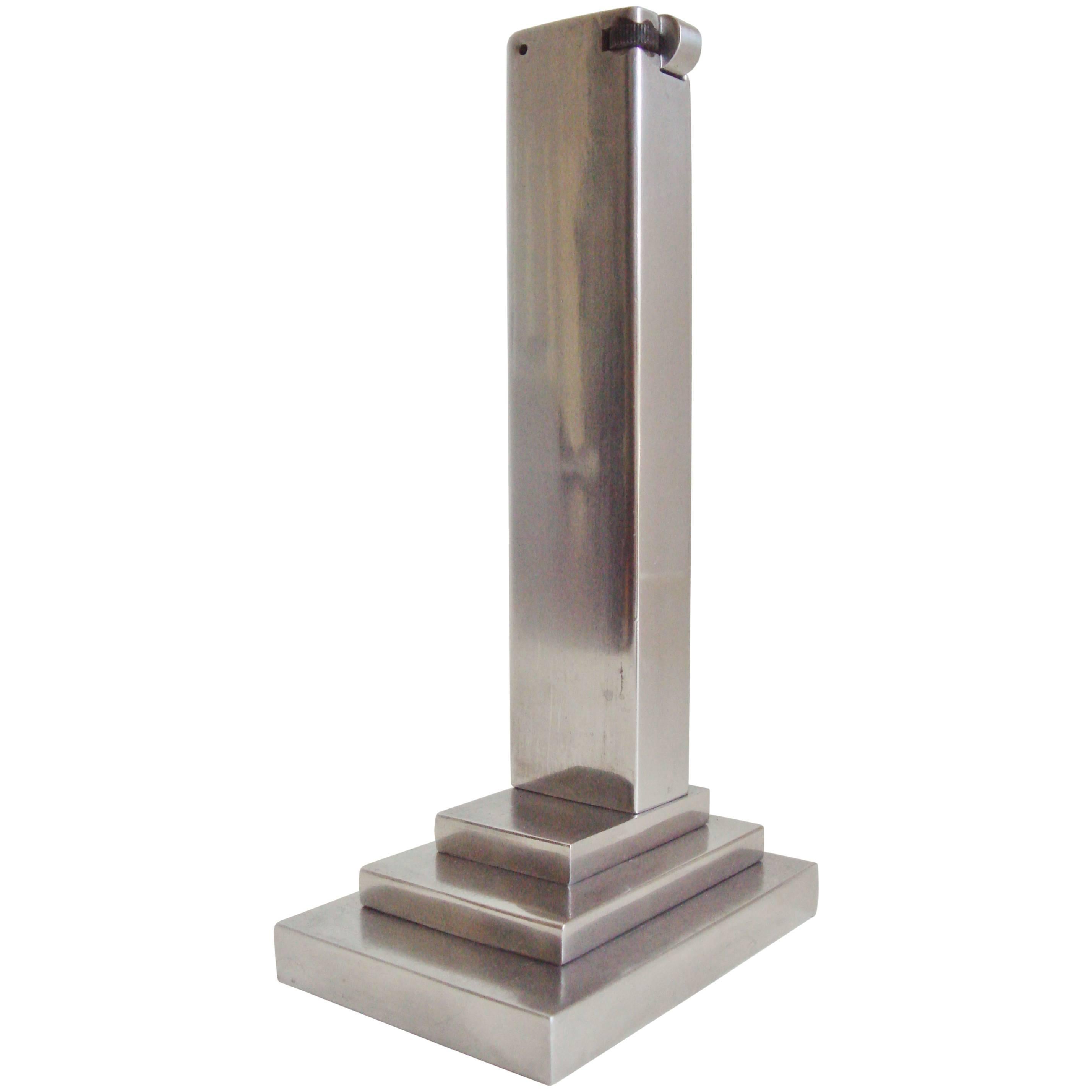 American Art Deco, Machine Age, Aluminum, Asymmetrical Skyscraper Table Lighter
