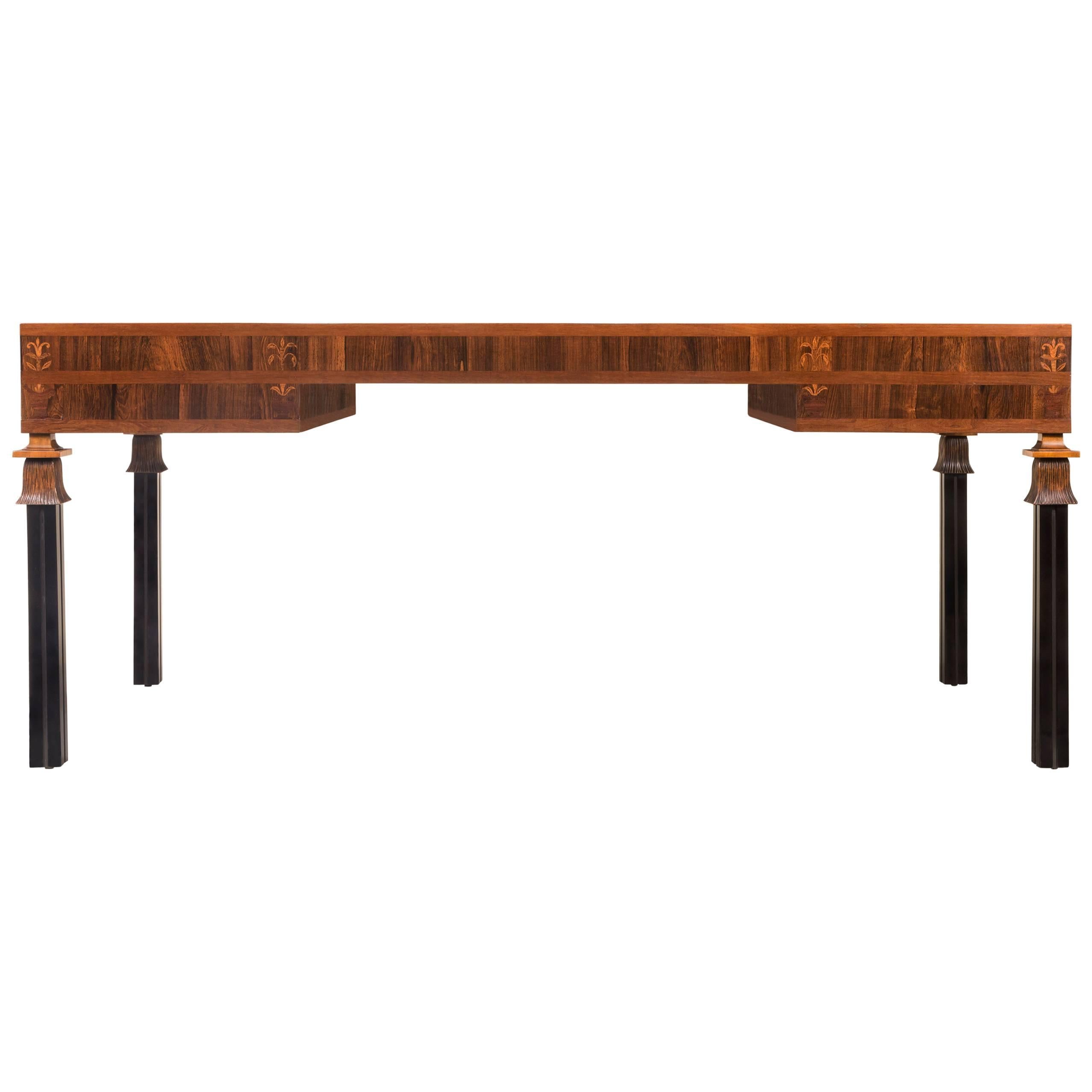 An important and undoubtedly a unique commission presented at the prestigious 1925 Stockholmshantverkarnas Utställning by Sweden's premier furniture designer Carl Malmsten and executed by renowned master craftsman Hjalmar Jackson. The desk is a