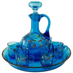 Antique French Blue Enameled Glass Liquor Set, Decanter, Cordials and Tray