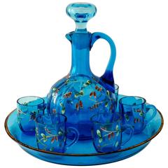 Antique French Blue Enameled Glass Liquor Set, Decanter, Cordials and Tray 6